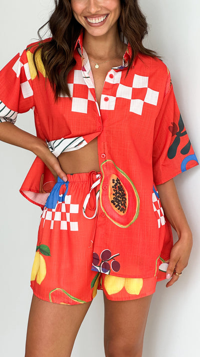 Load image into Gallery viewer, Charli Button Up Shirt and Short Set - Red Papaya Print
