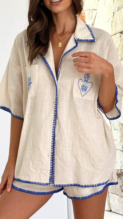 Load image into Gallery viewer, Mulani Button Up Shirt and Shorts Set - Beige/Blue - Billy J

