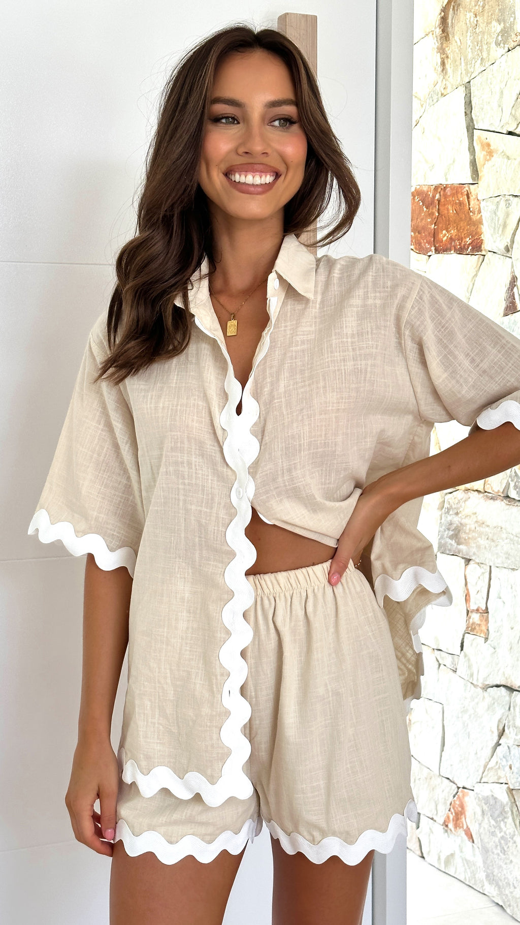 Carly Button Up Shirt and Shorts - Beige/White