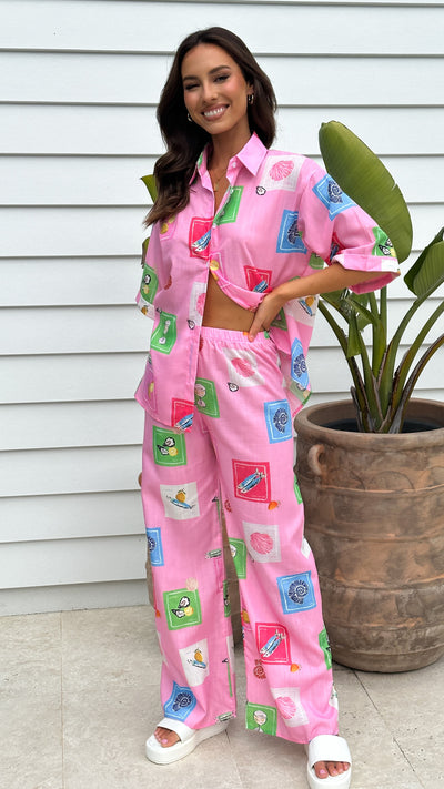 Load image into Gallery viewer, Kourt Button Up Shirt and Pants Set - Pink Stamps Set
