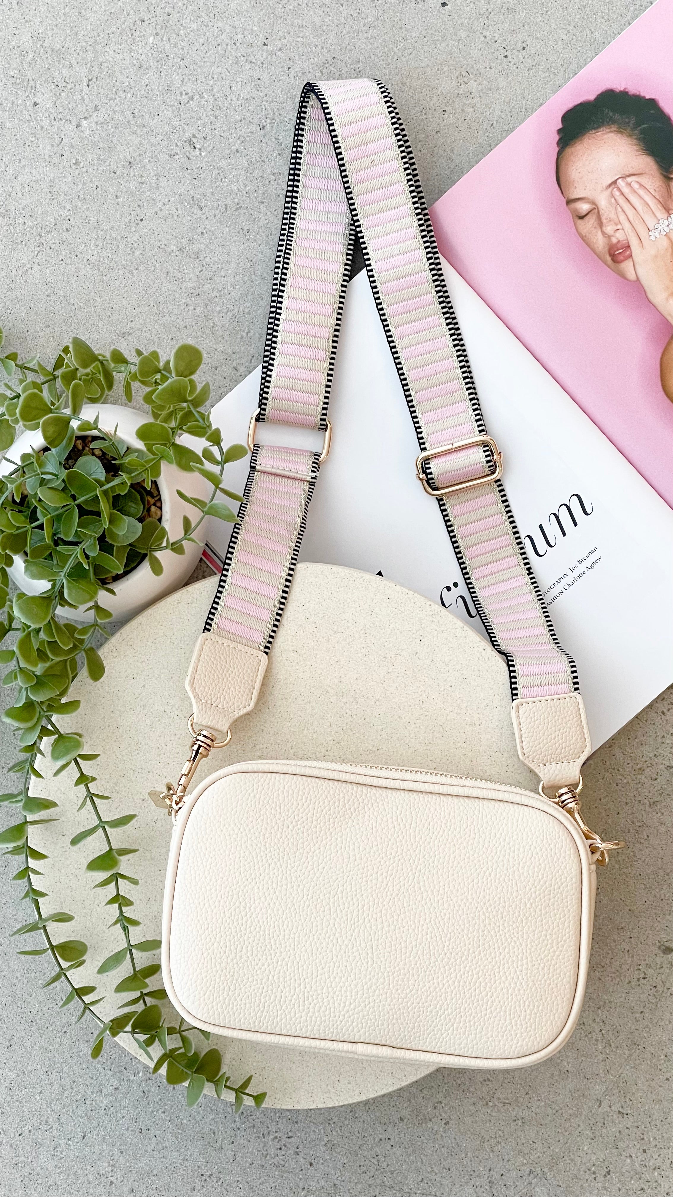 Bella Striped Webbing Camera Bag - Cream / Pink - Billy J