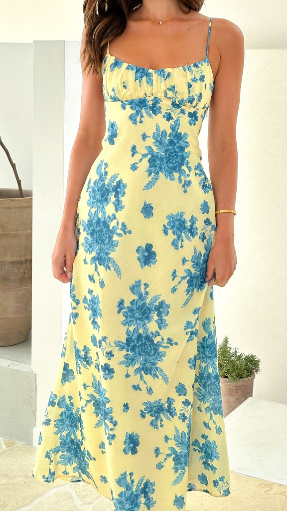 Margie Midi Dress - Yellow / Blue Floral - Billy J