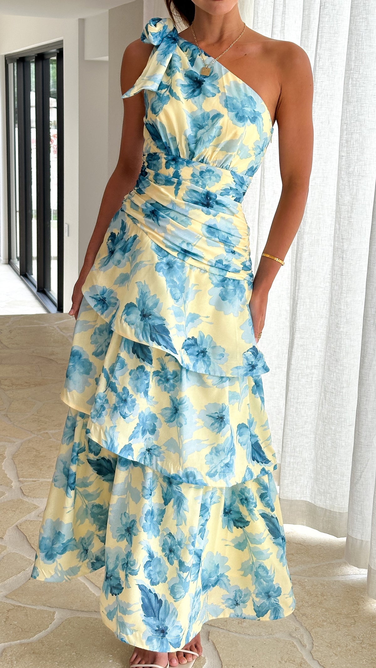 Odilie One Shoulder Maxi Dress - Yellow/Blue Floral - Buy Women's Dresses