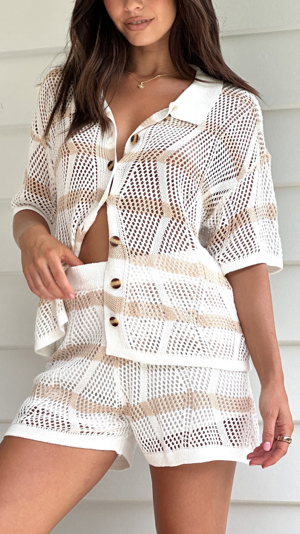 Hachiro Button Up Shirt and Shorts Set - White / Beige Stripe