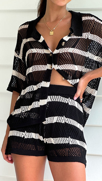 Load image into Gallery viewer, Hachiro Button Up Shirt and Shorts Set - Black / Beige Stripe
