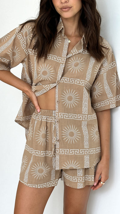 Load image into Gallery viewer, Charli Button Up Shirt and Shorts Set - Brown/White Print
