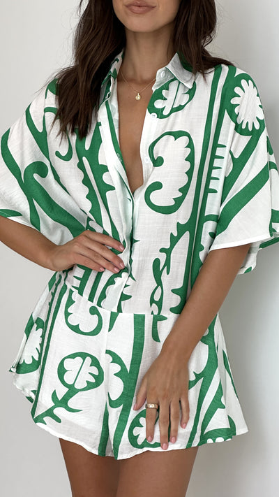 Load image into Gallery viewer, Aralyn Playsuit - White / Green Tribal
