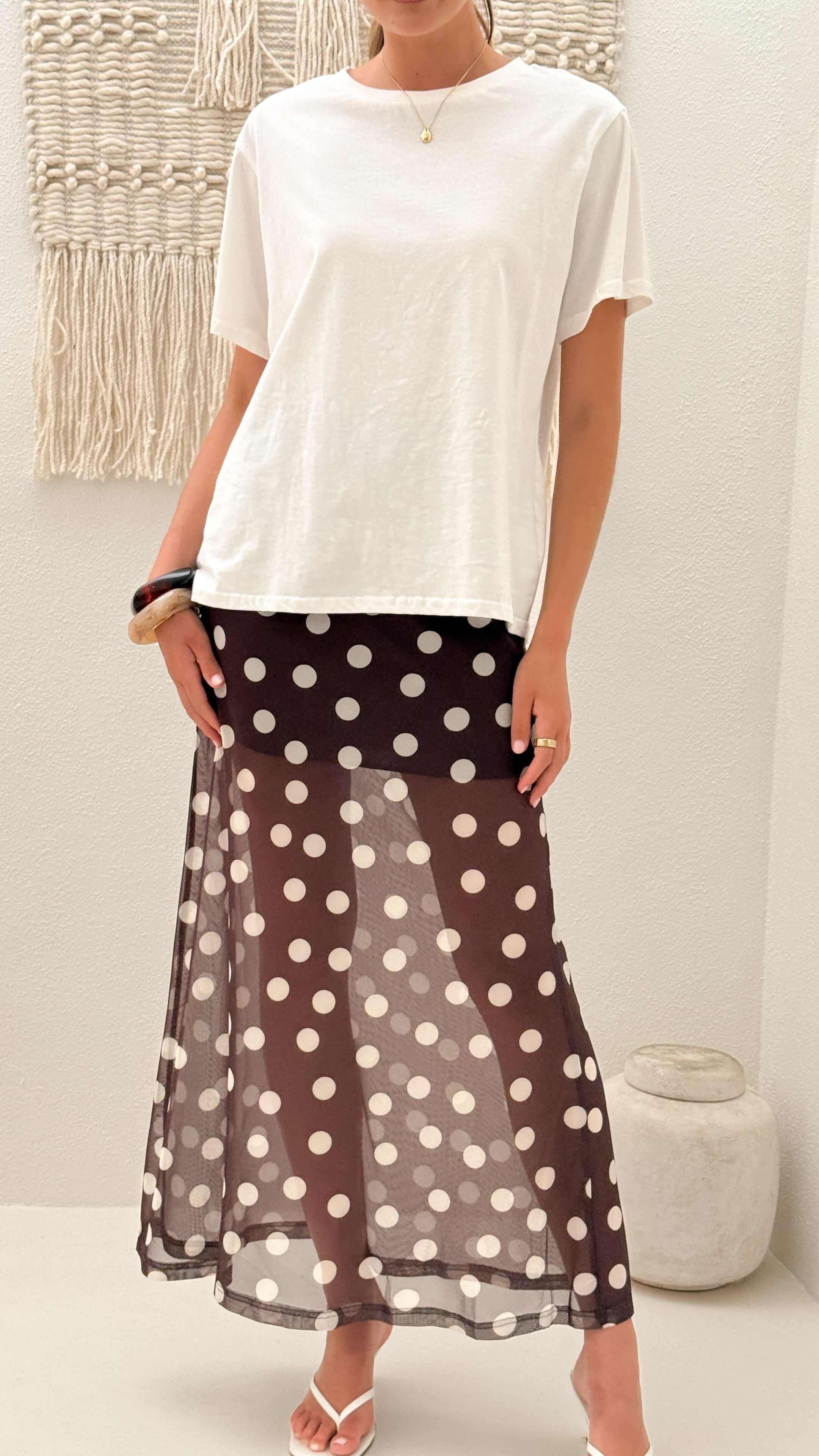 Onella Semi Sheer Maxi Skirt - Chocolate / White Polka Dot - Billy J