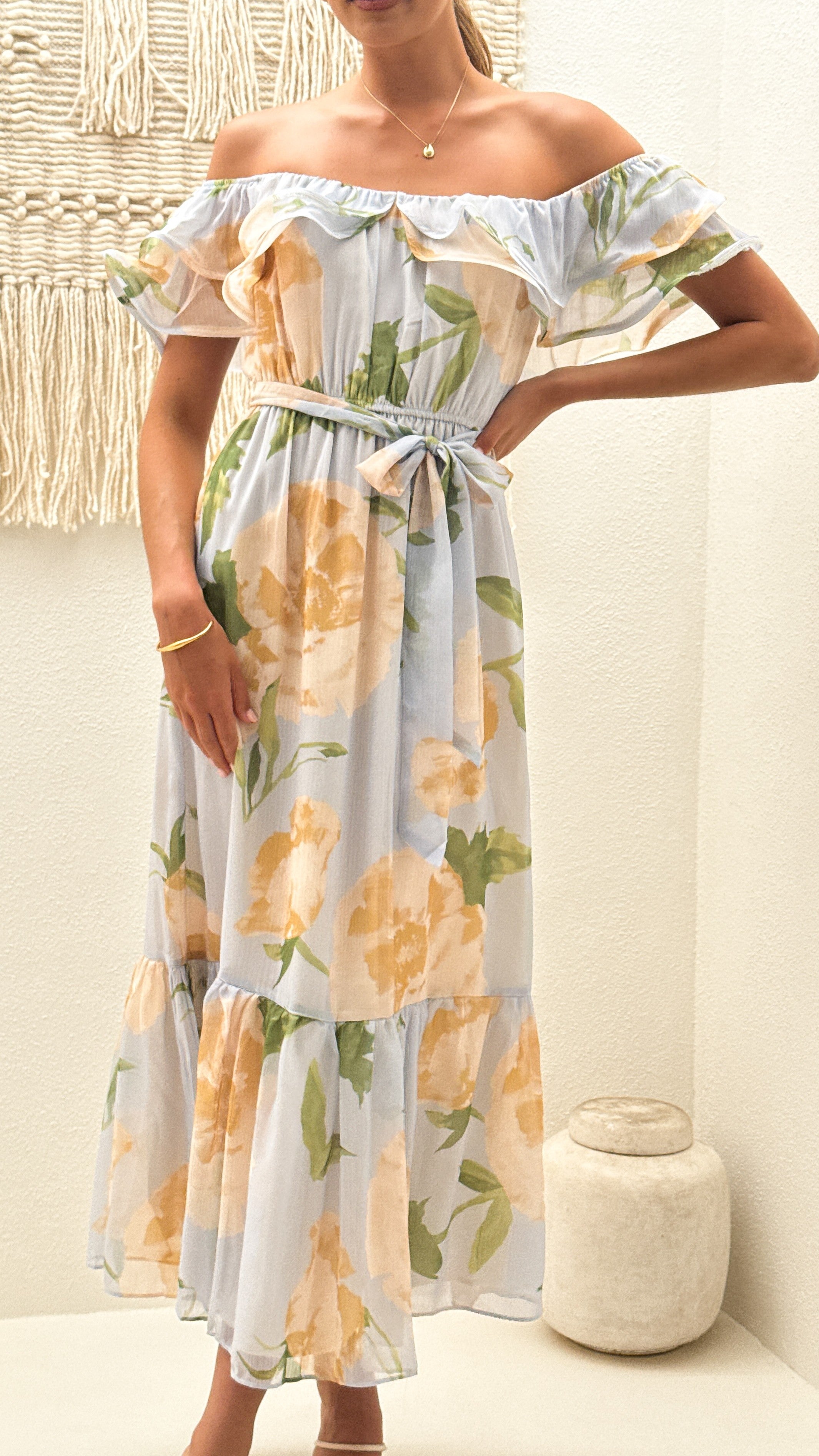 Chase Off Shoulder Maxi Dress - Blue/Peach Floral - Billy J