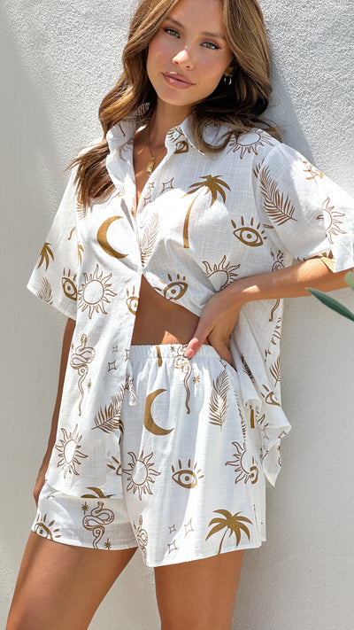 Load image into Gallery viewer, Charli Button Up Shirt and Shorts Set - White / Brown Snake Eye
