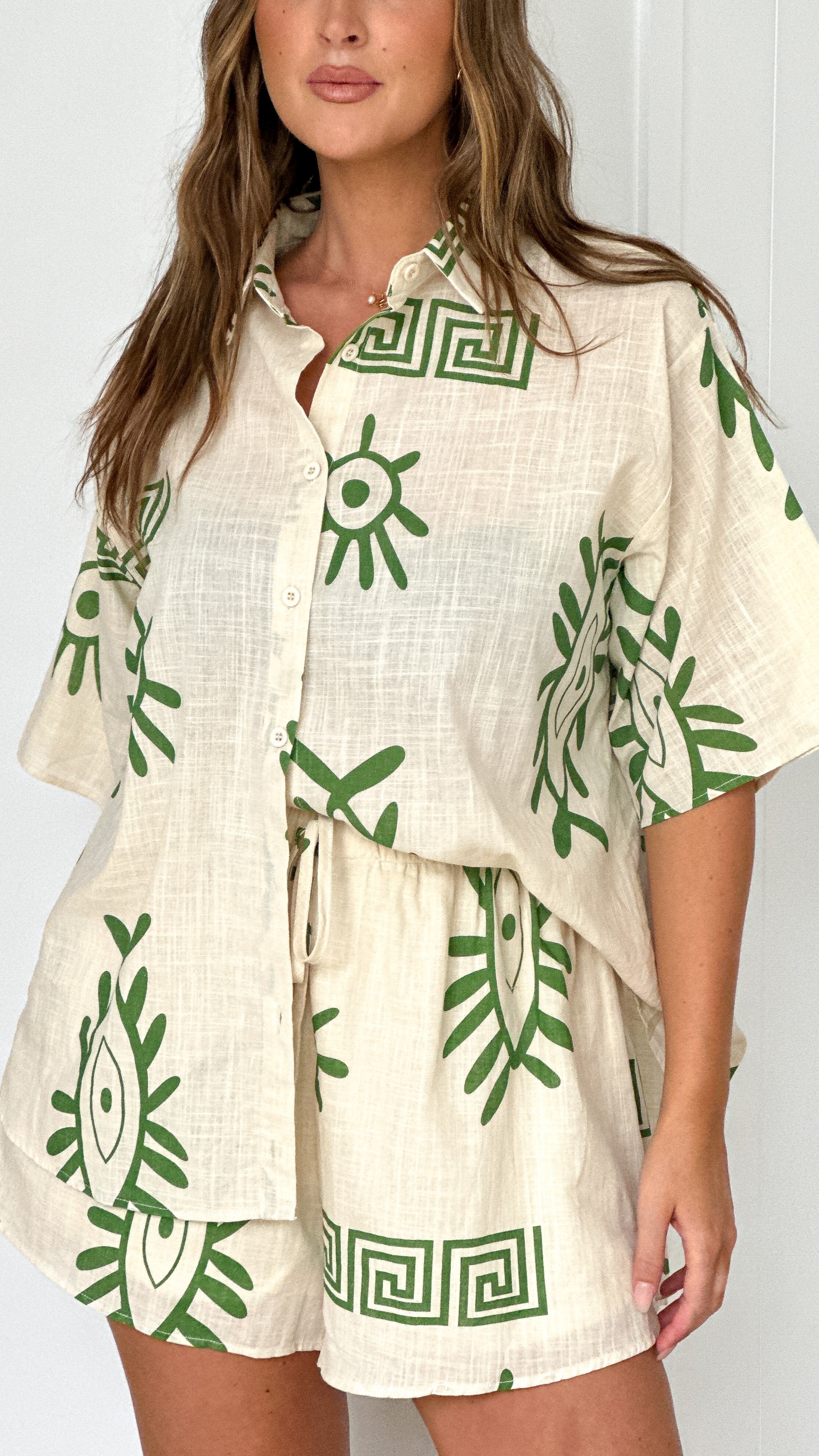 Charli Button Up Shirt and Shorts Set - Beige/Green Aztec