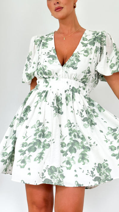 Load image into Gallery viewer, Erin Mini Dress - Green/White Floral - Billy J
