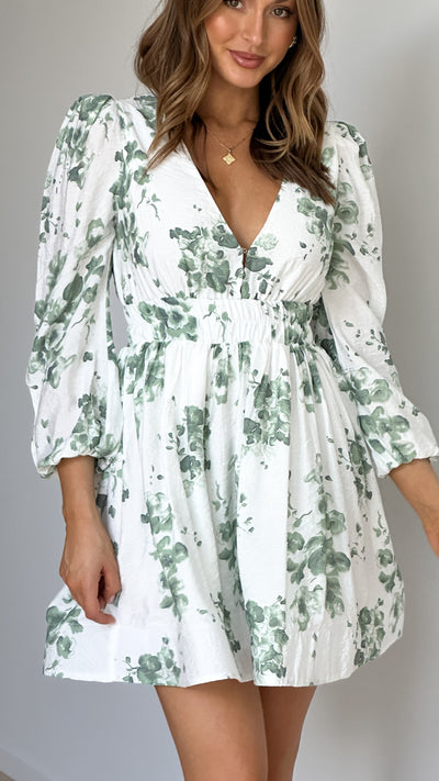 Load image into Gallery viewer, Charlotte Mini Dress - Green/White Floral
