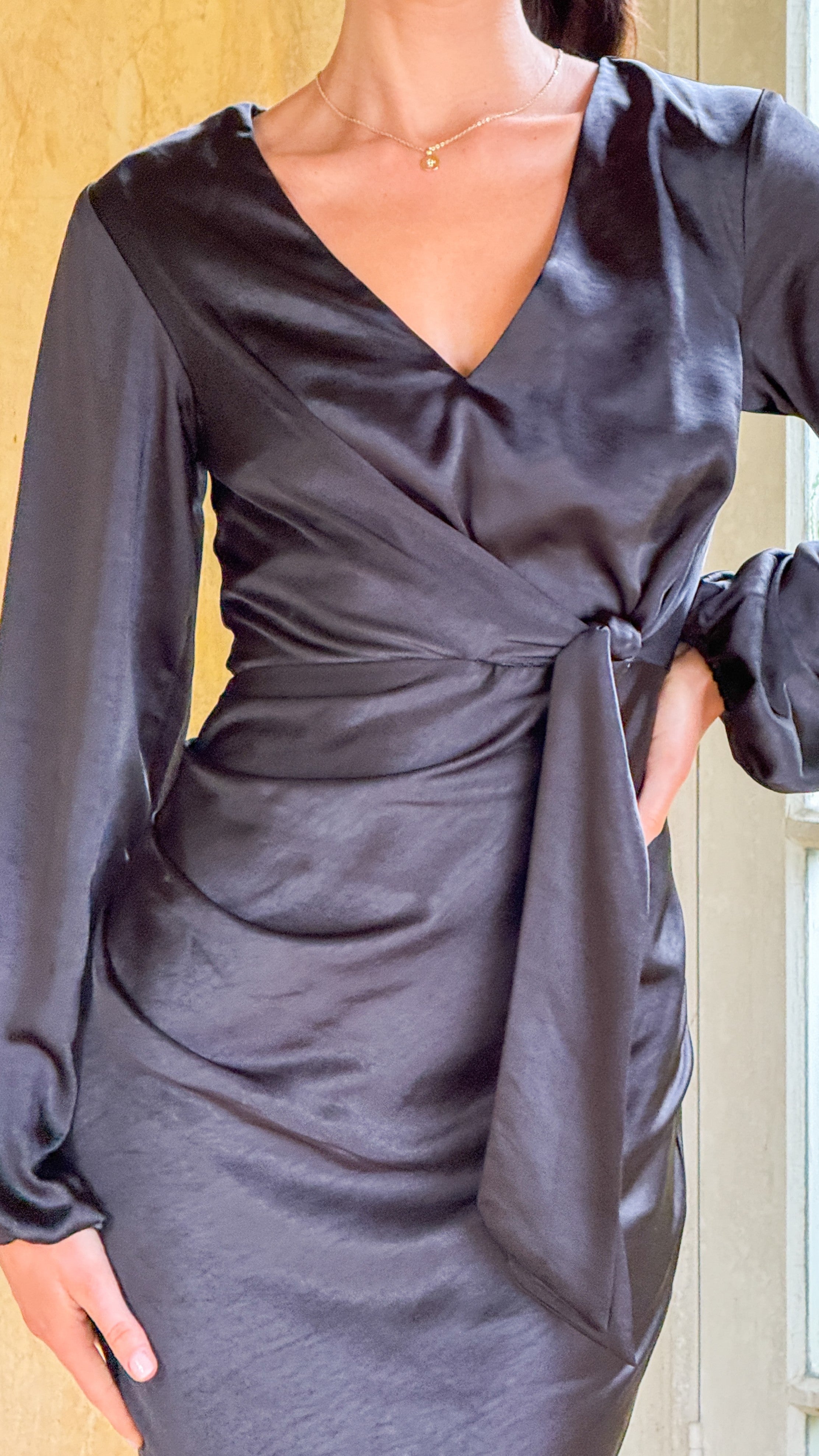Ivy Long Sleeve Tie Front Maxi Dress - Black - Billy J