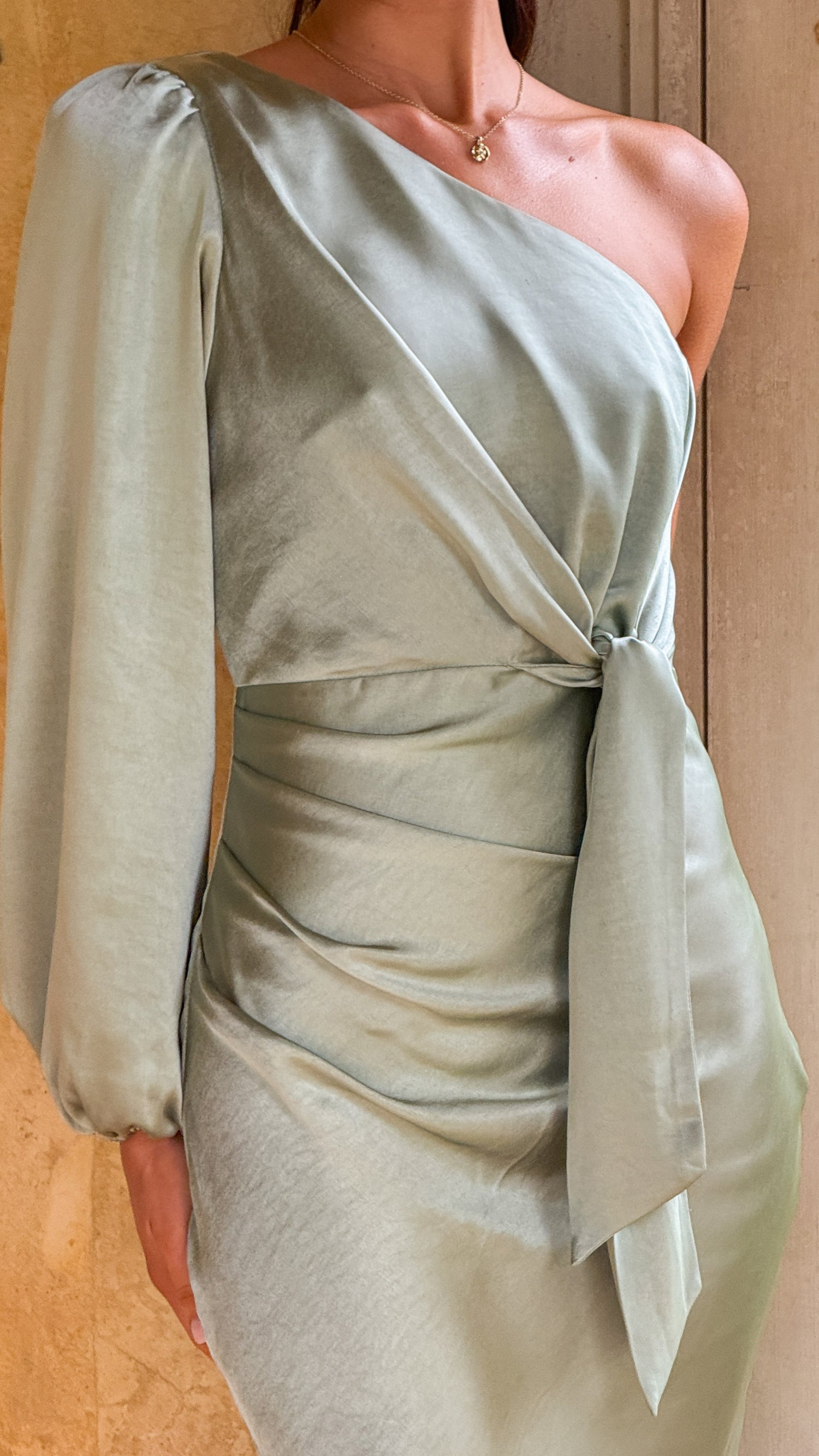 Eden One Shoulder Tie Front Maxi Dress - Sage - Billy J