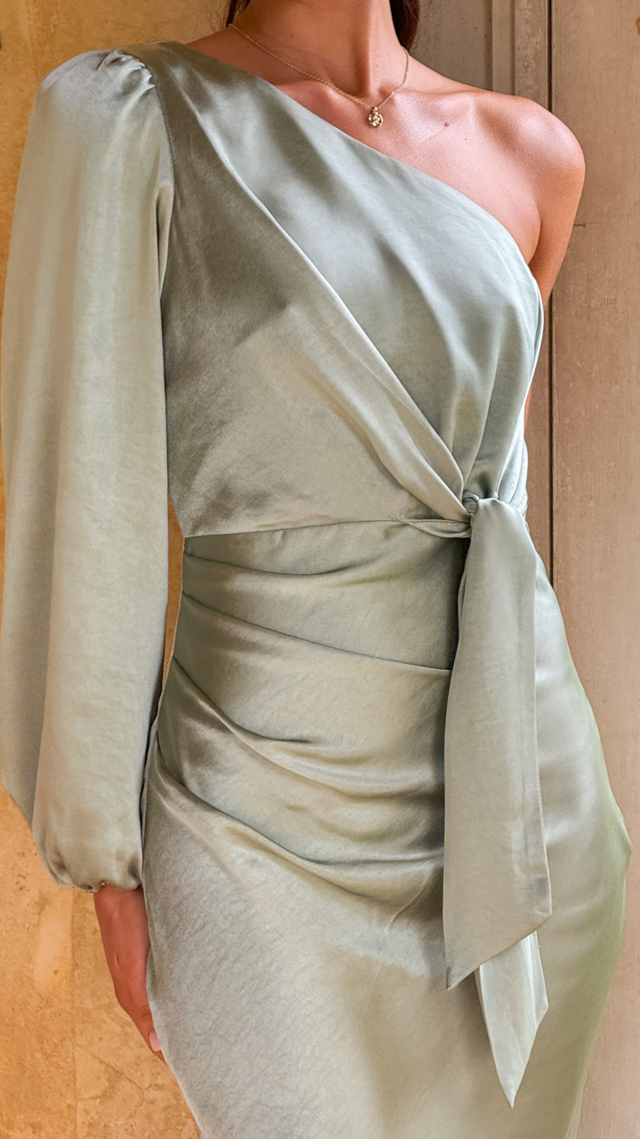 Eden One Shoulder Tie Front Maxi Dress - Sage - Billy J
