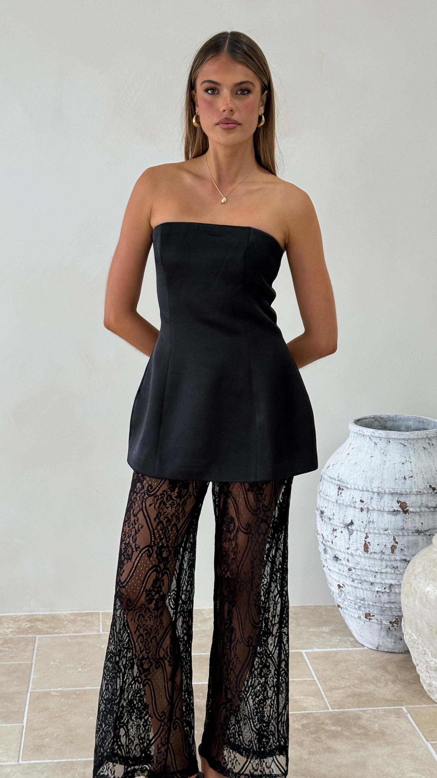 Harlean Strapless Top and Lace Pants Set - Black - Billy J
