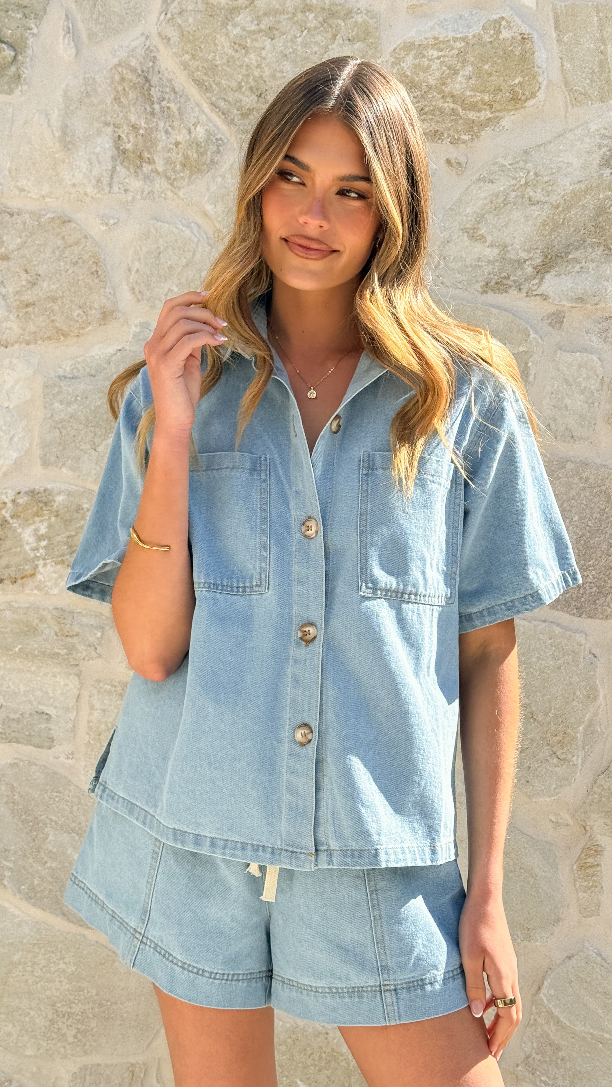 Adia Top and Shorts Set - Light Blue Denim - Billy J