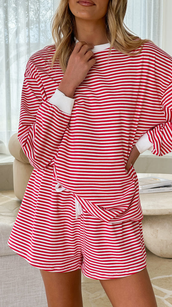 Rahmi Long Sleeve Top and Shorts Set - Red / White Stripe - Billy J