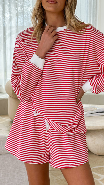 Load image into Gallery viewer, Rahmi Long Sleeve Top and Shorts Set - Red / White Stripe - Billy J
