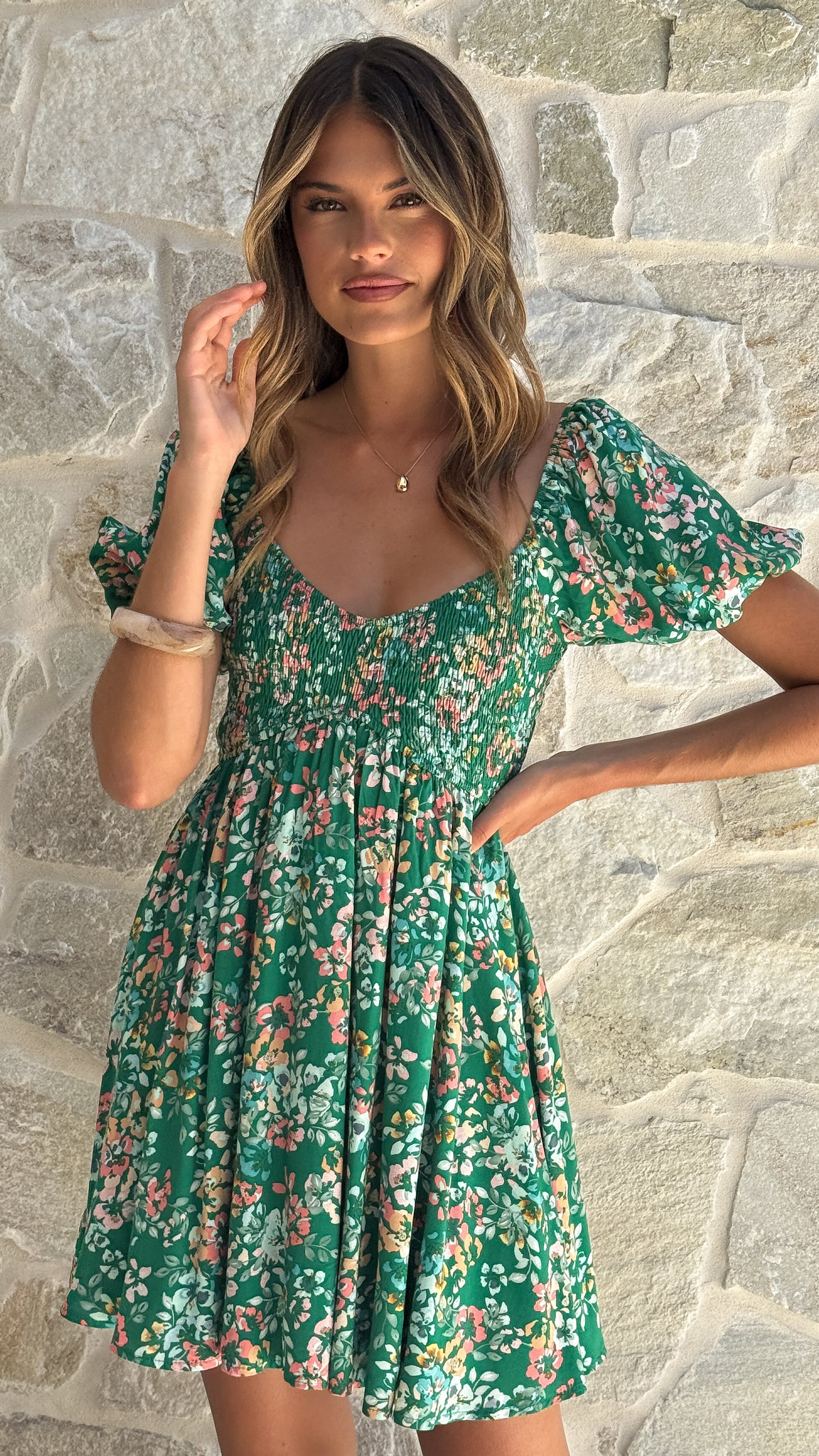 Sahirah Mini Dress - Green Floral - Billy J