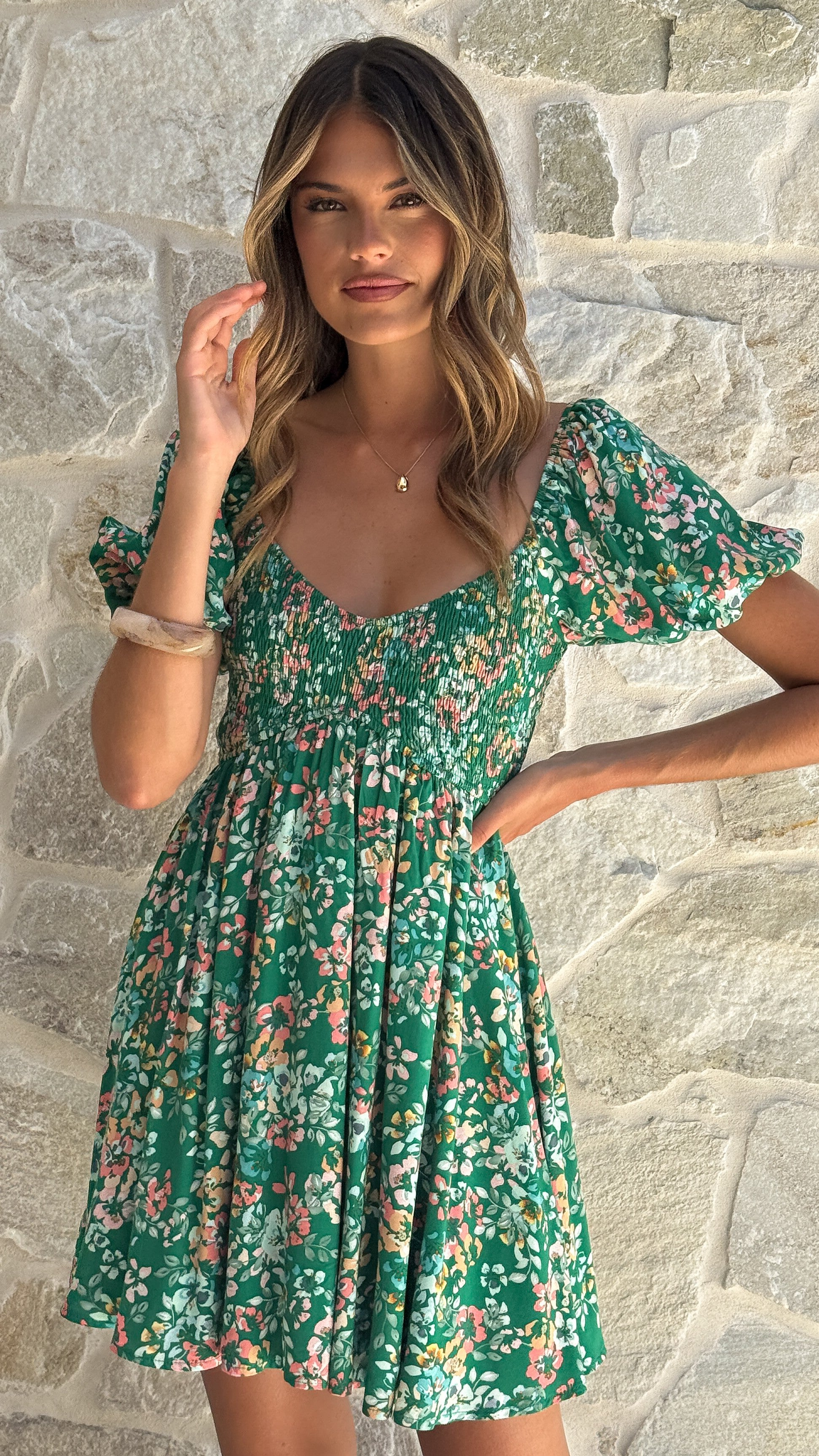 Sahirah Mini Dress - Green Floral - Billy J