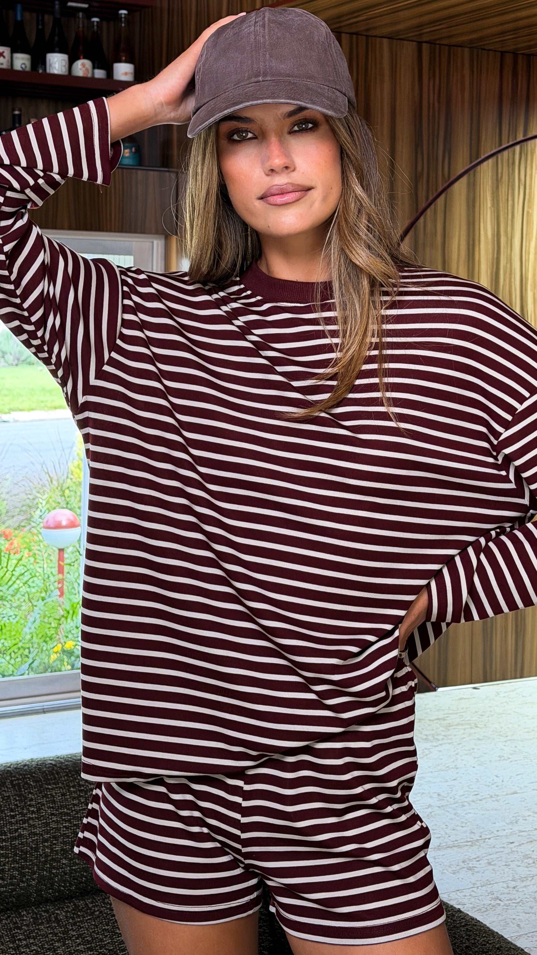 Flossie Long Sleeve Top and Shorts Set - Burgundy/Beige Stripe - Billy J