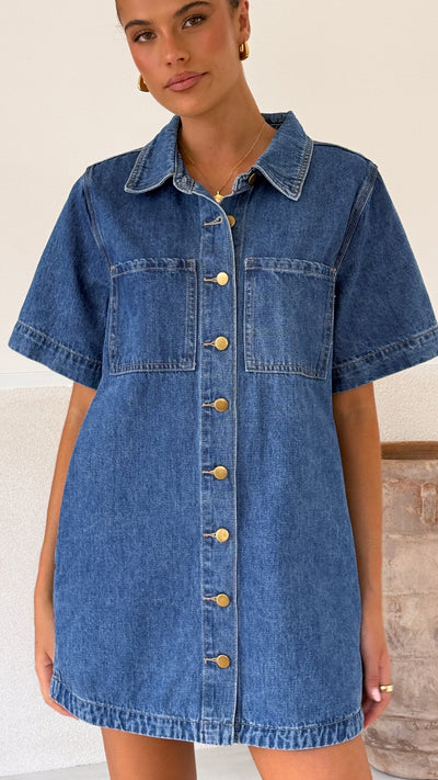 Load image into Gallery viewer, Rayna Denim Mini Dress - Dark Denim - Billy J
