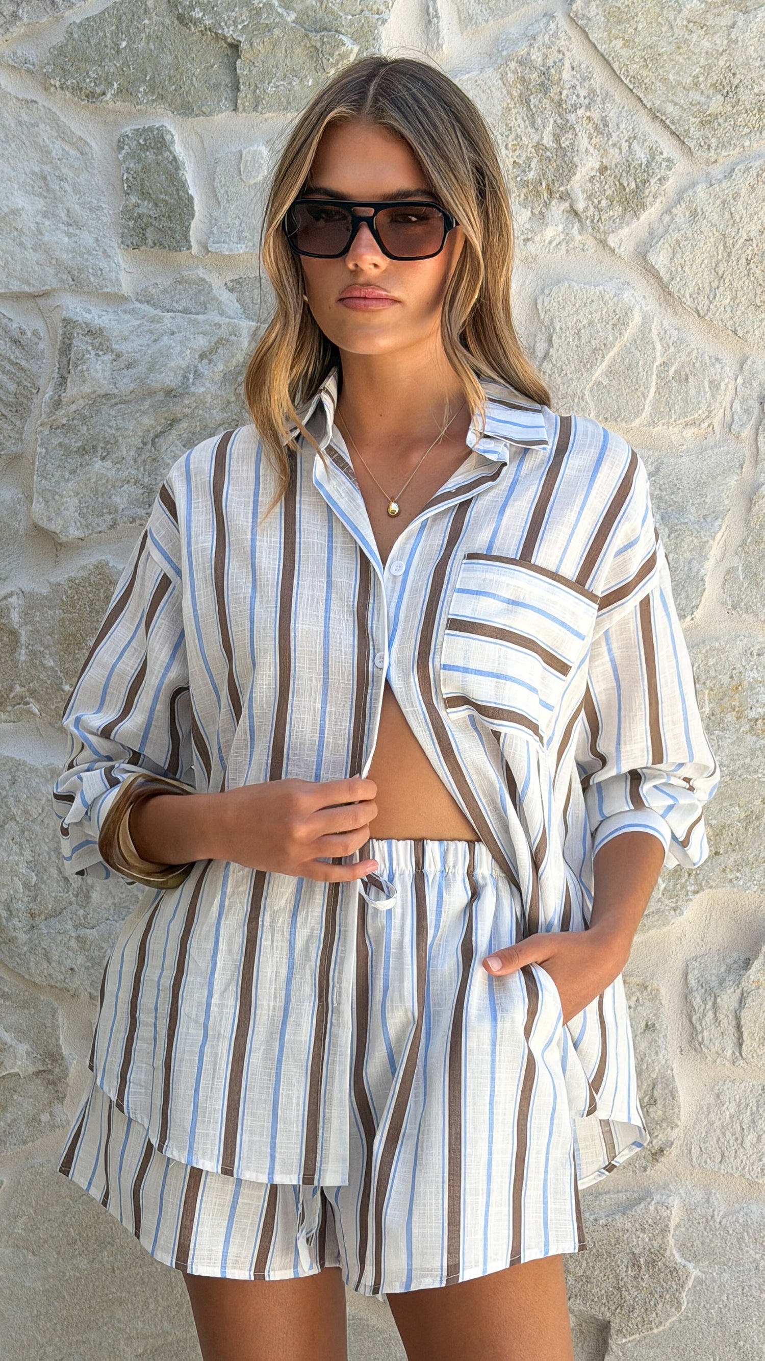 Elita Long Sleeve Button Up Shirt and Shorts Set - Choc/Blue Stripe - Billy J