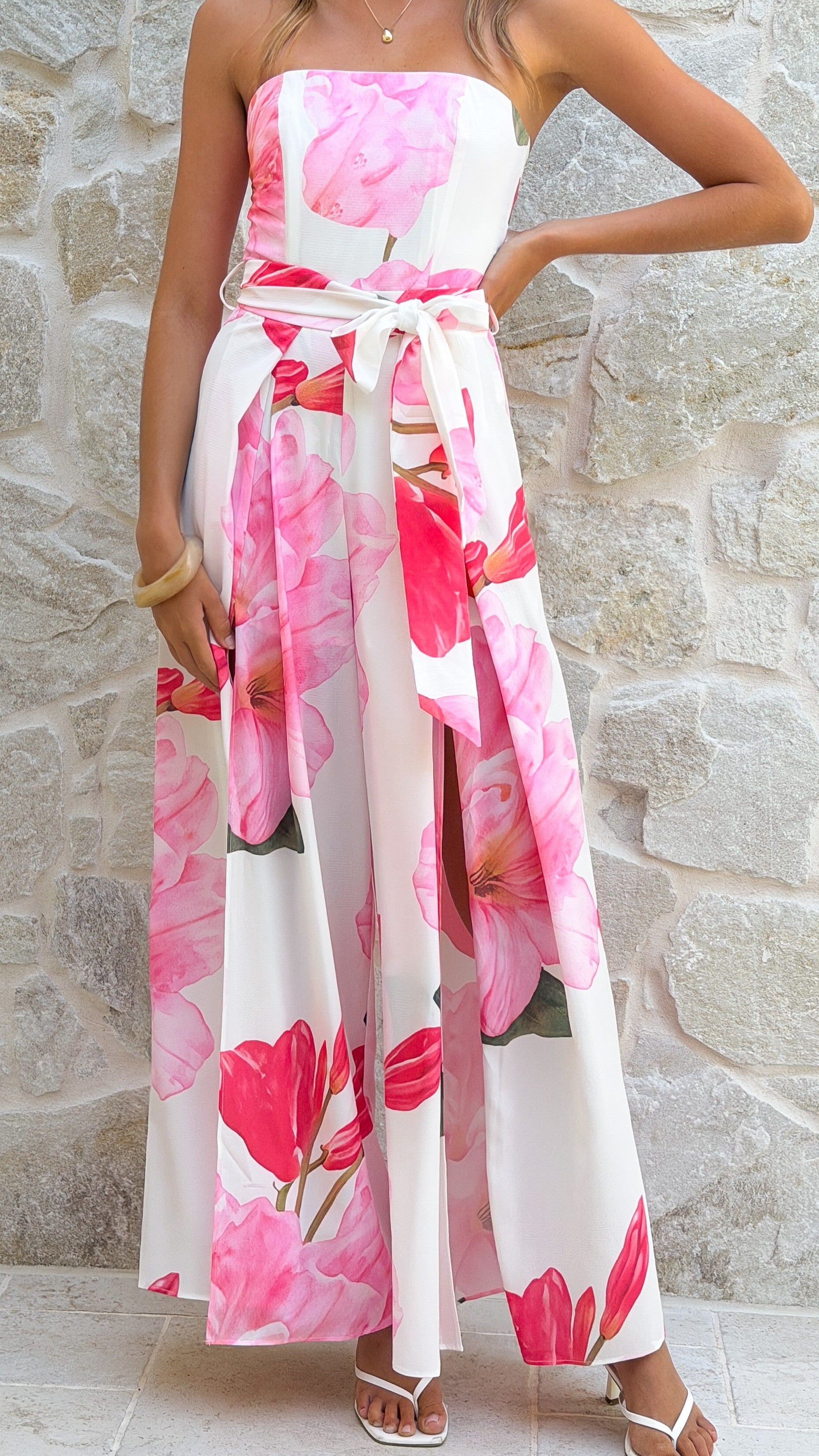 Carson Front Split Strapless Jumpsuit - Pink Floral - Billy J