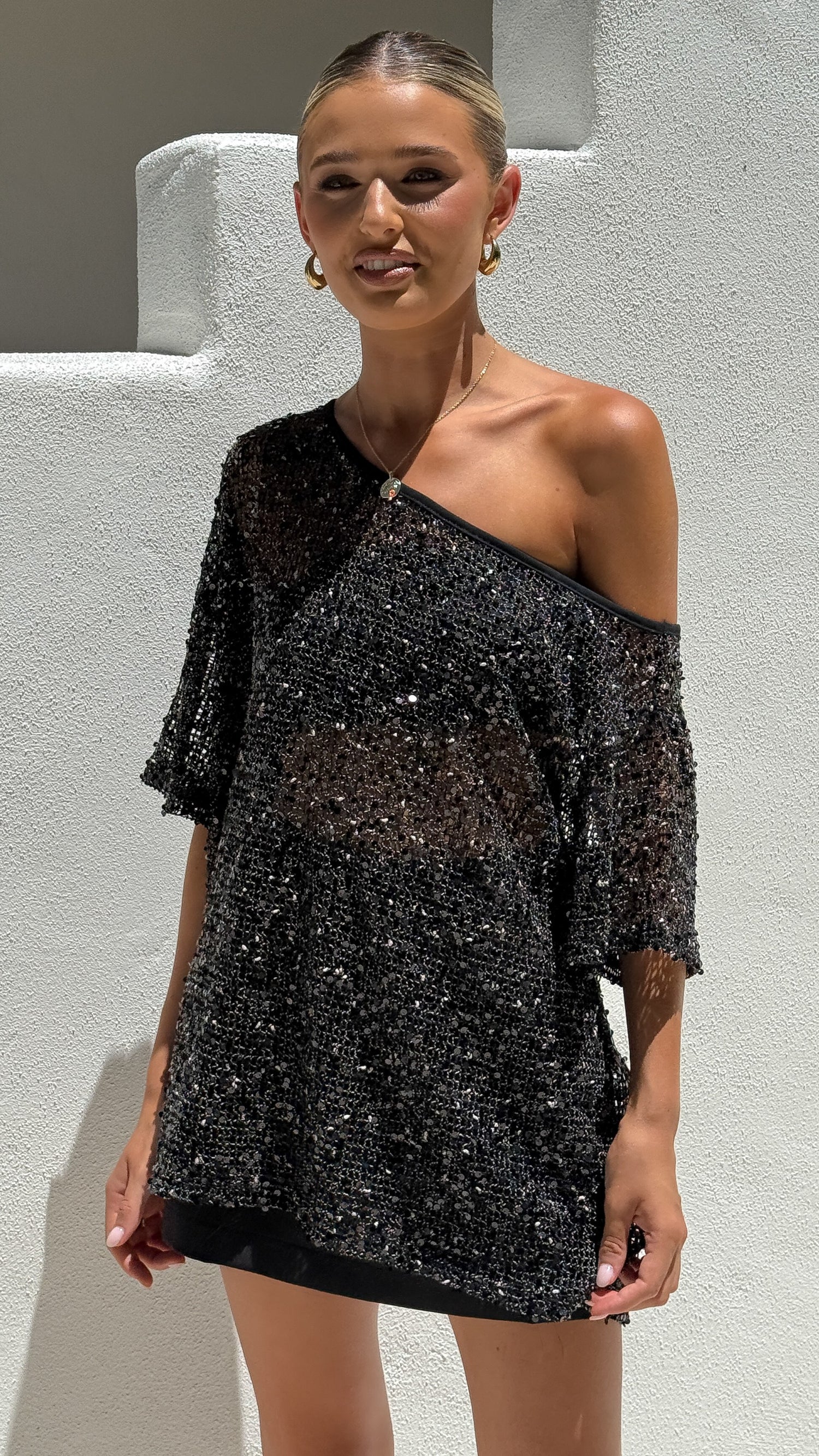 Zinnie Sequins Off Shoulder Top - Black - Billy J