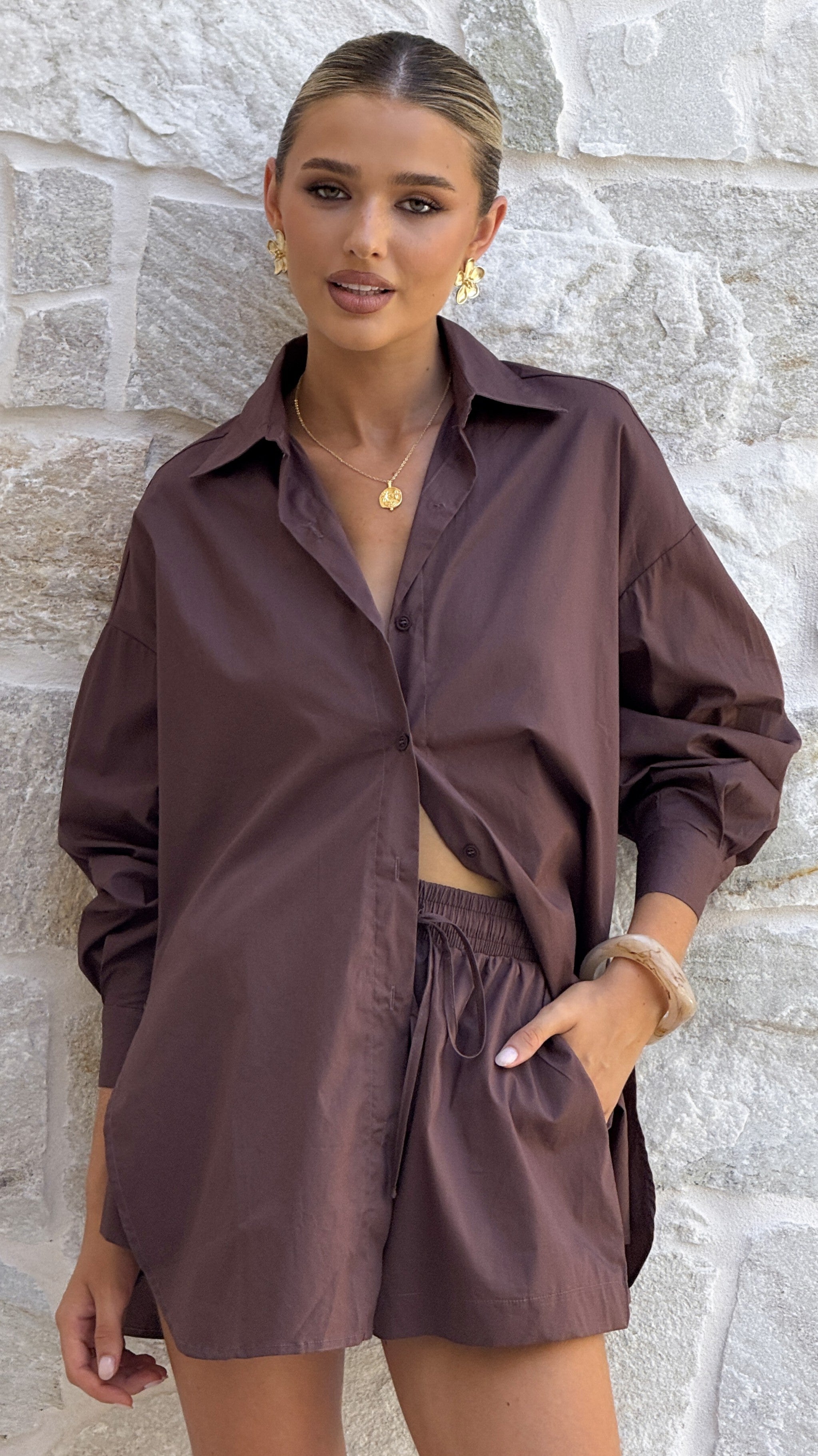 Rebekah Long Sleeve Button Up Shirt - Chocolate - Billy J