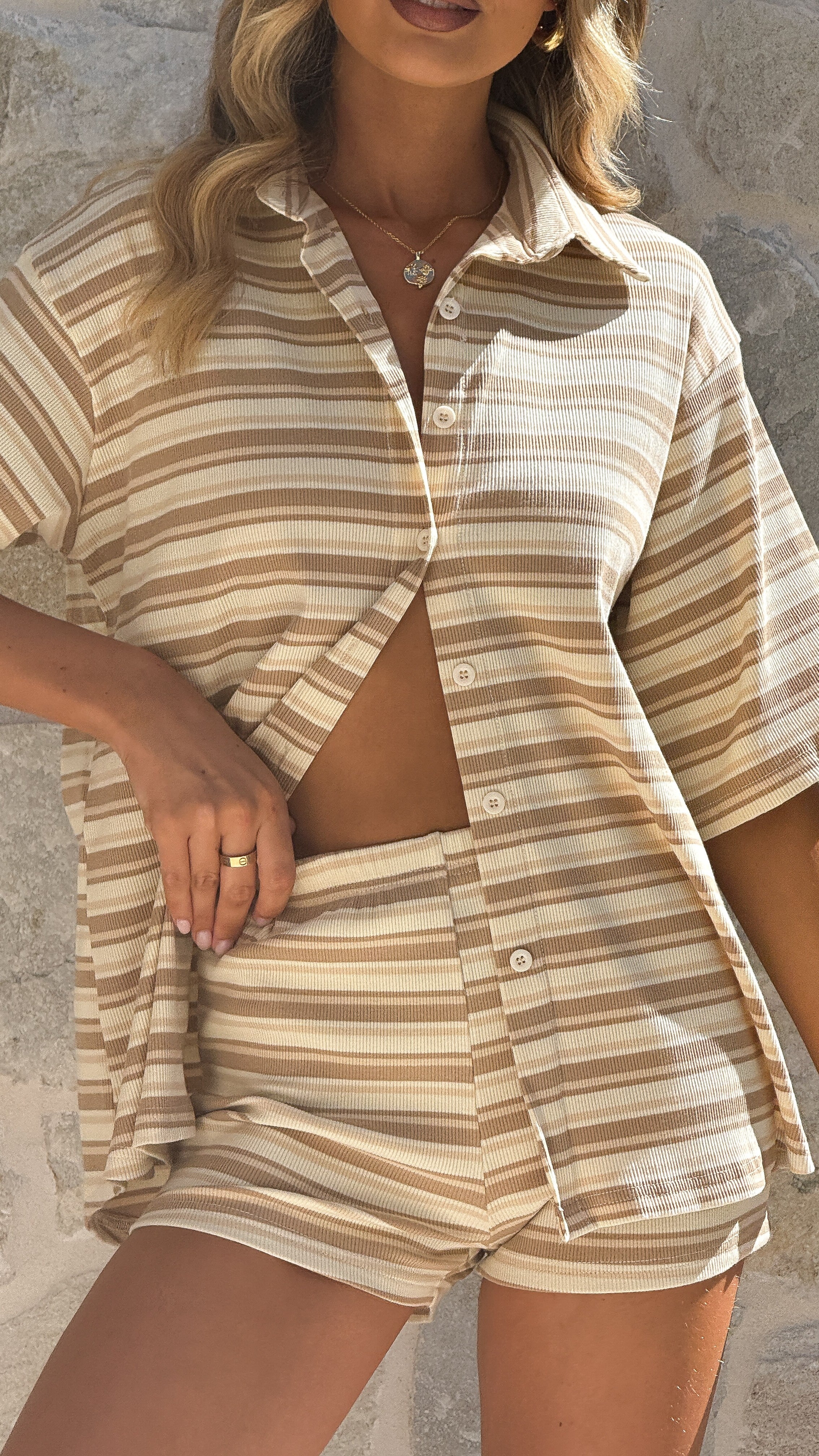 Sashi Button Up Shirt and Shorts Set - Beige Stripe - Billy J