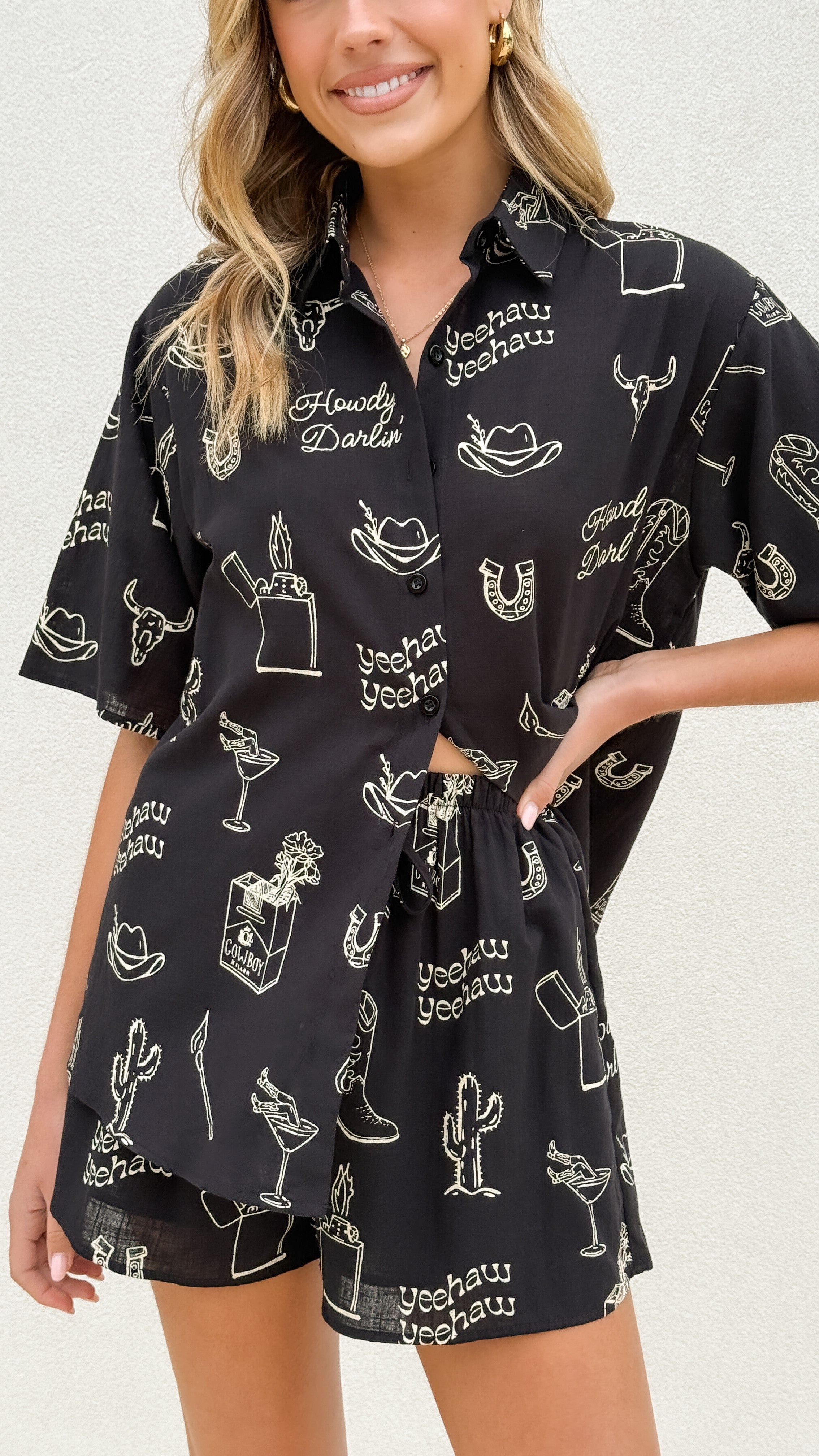 Charli Button Up Shirt and Shorts Set - Black/Beige Cowboy Print - Billy J