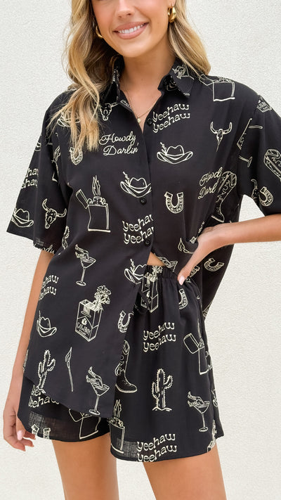 Load image into Gallery viewer, Charli Button Up Shirt and Shorts Set - Black/Beige Cowboy Print - Billy J
