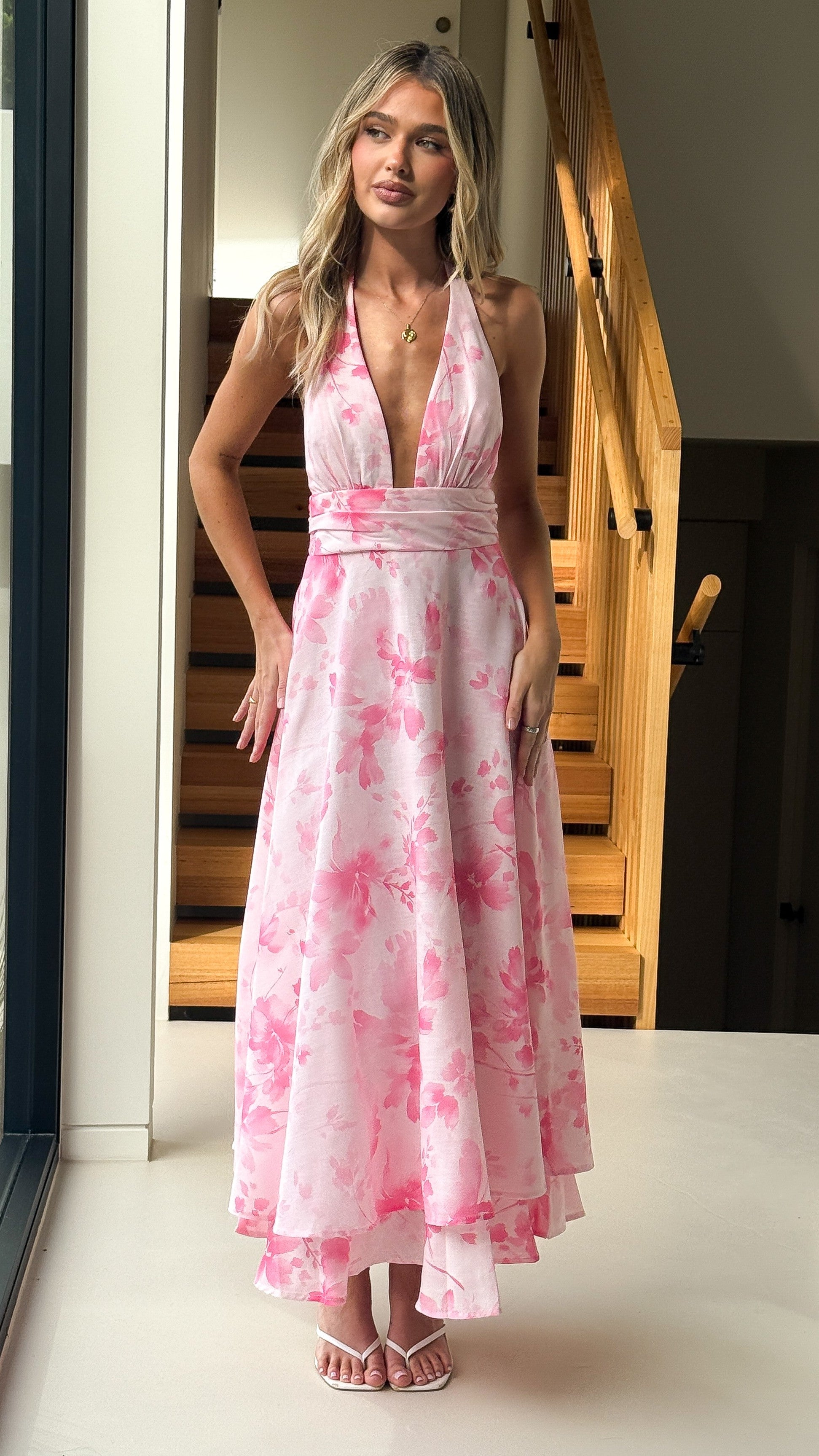 Kathy Halter Neck Maxi Dress - Pink Floral - Buy Women's Dresses