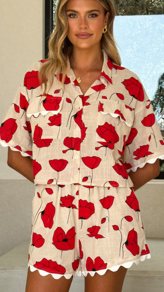 Poppy Button Up Shirt and Short Set - Red/Beige - Billy J