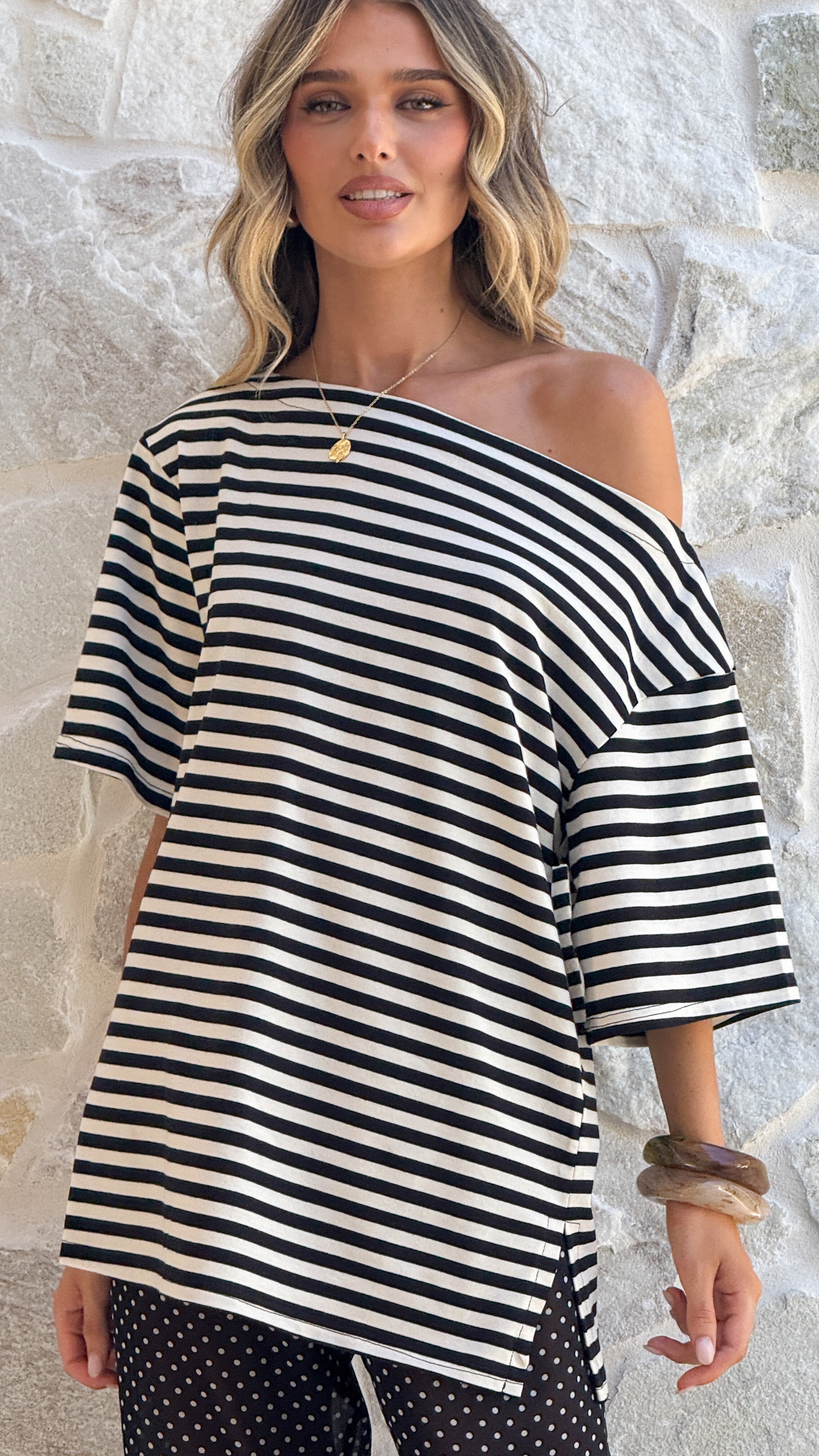 Pia One Shoulder Oversize Tee - Black/White Stripe - Billy J
