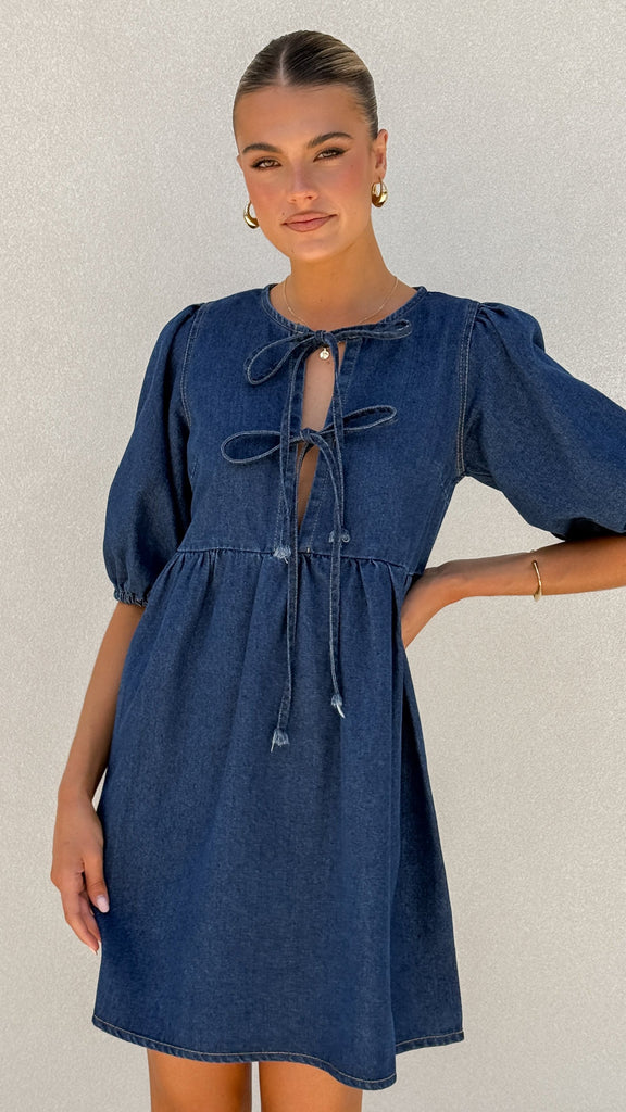 Kassie Tie Up Mini Dress - Dark Denim - Billy J