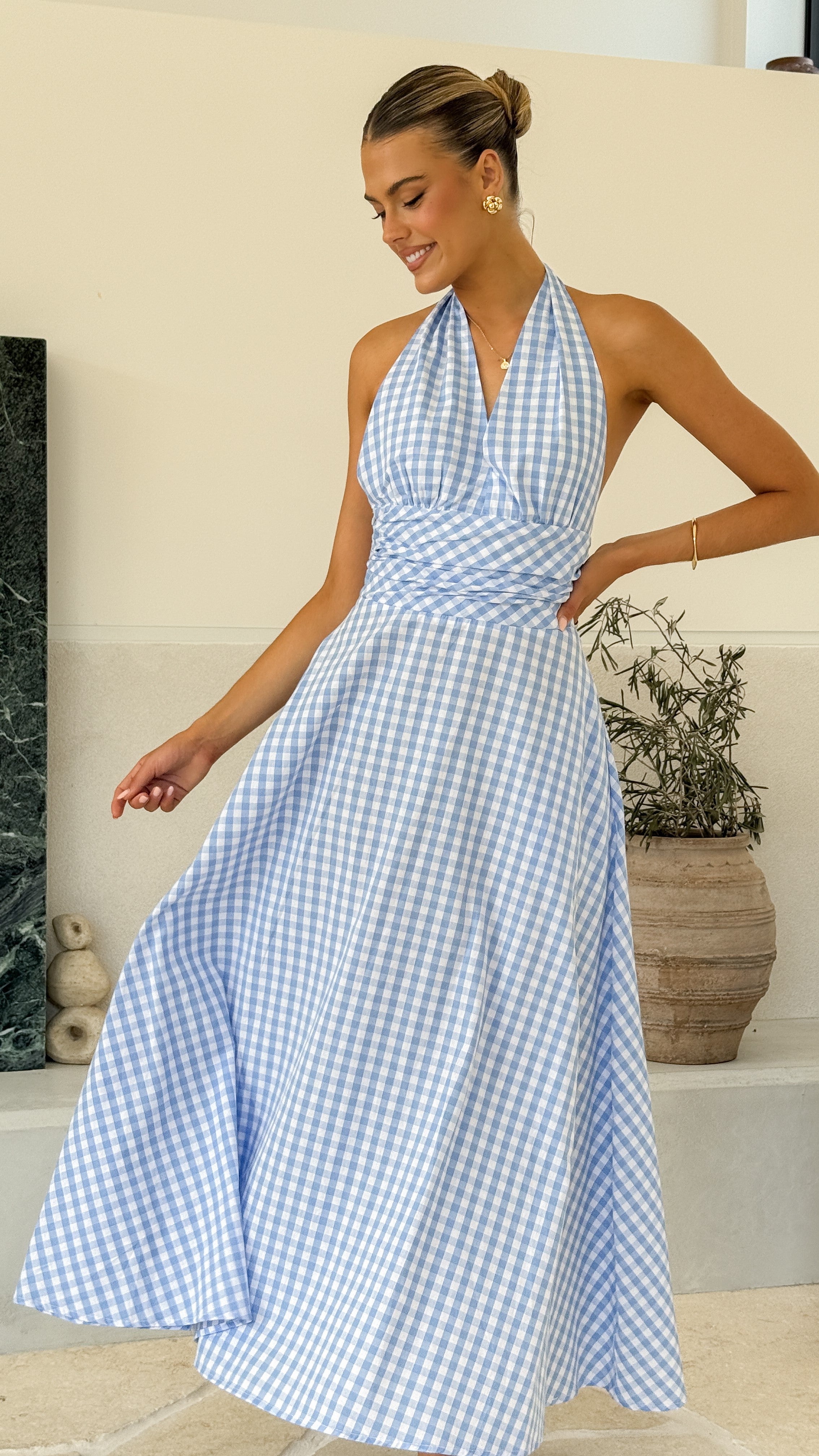 Brydie Halter Maxi Dress - Gingham Light Blue - Billy J