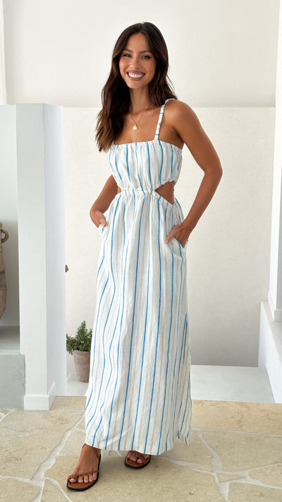 Load image into Gallery viewer, Yin Linen Dress - Azure Stripe - Billy J
