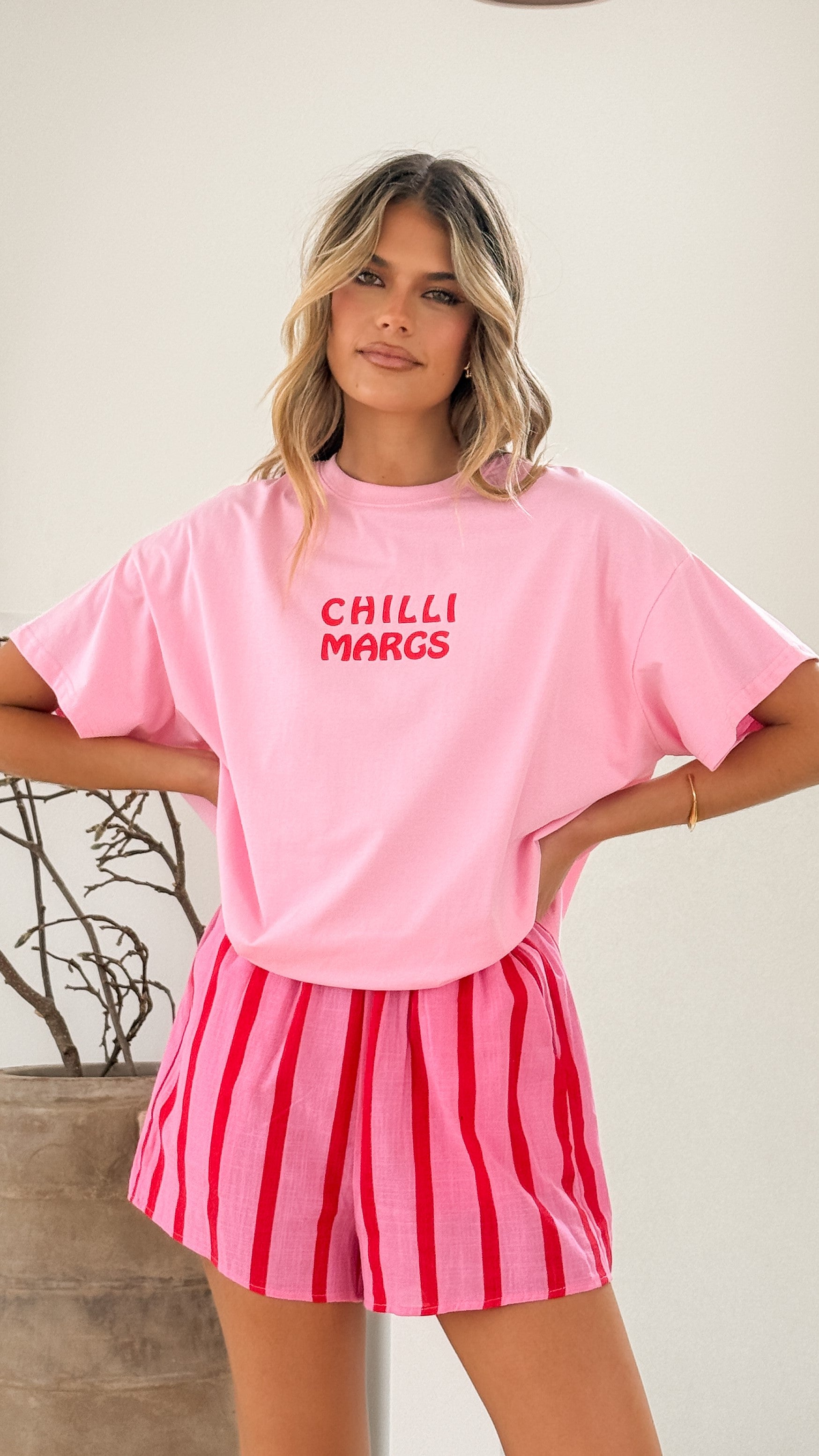 Chilli Margs Top and Shorts Set - Pink/Red Stripe - Billy J