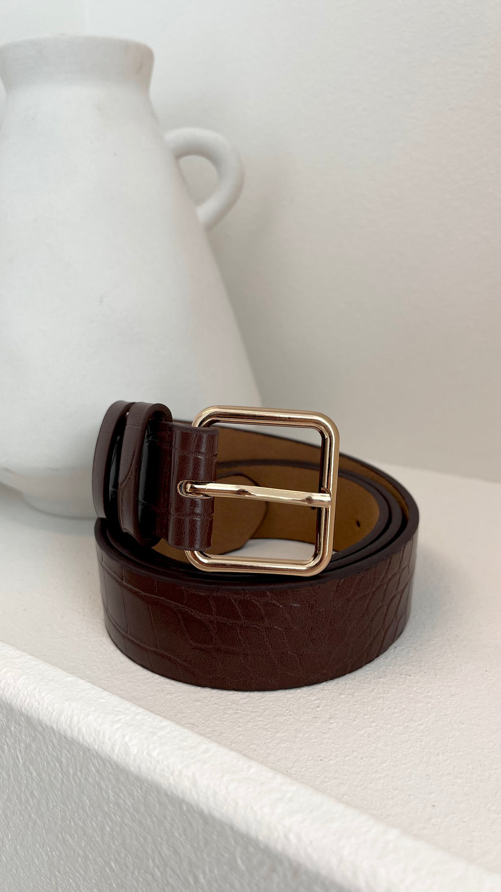 Aira Square Buckle Croc Belt - Brown / Gold - Billy J