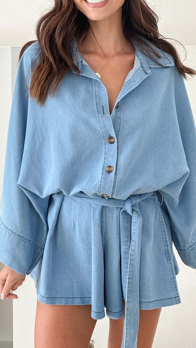 Load image into Gallery viewer, Sophia Playsuit - Mid Blue Denim - Billy J
