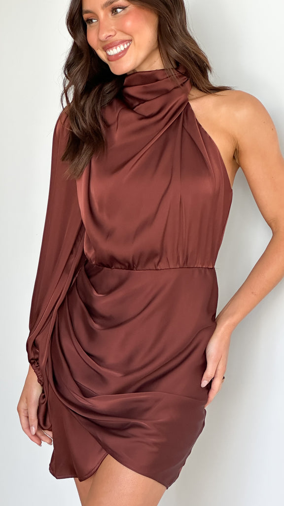 Lexi One Shoulder Mini Dress - Brown - Billy J