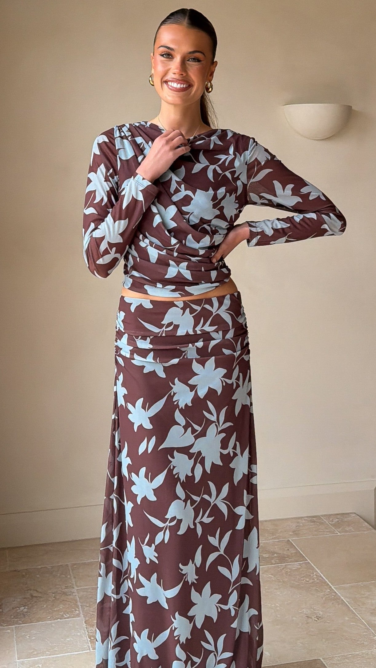 Adira Long Sleeve Top - Chocolate/Blue Print - Billy J