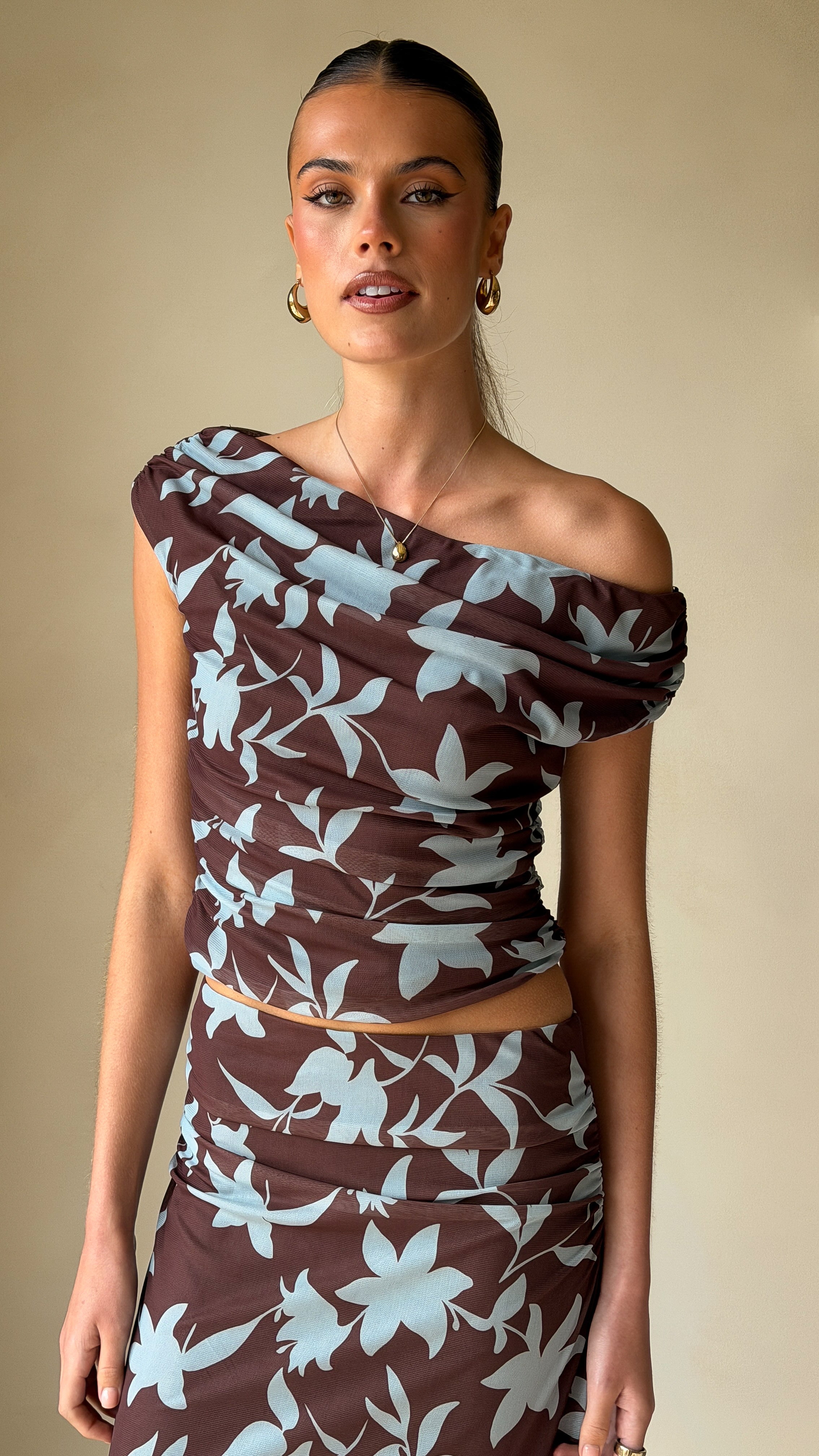 Ellita Off Shoulder Top - Chocolate/Blue Print - Billy J
