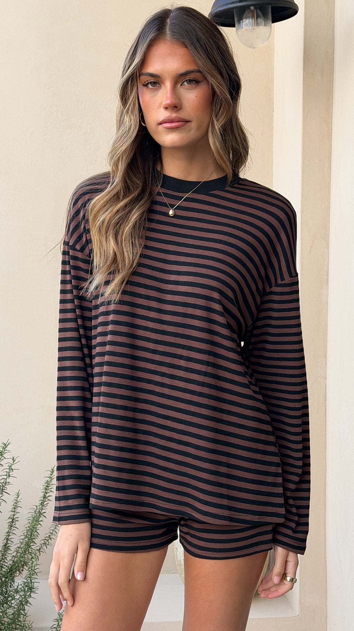 Flossie Long Sleeve Top and Shorts Set - Choc/Black Stripe - Billy J
