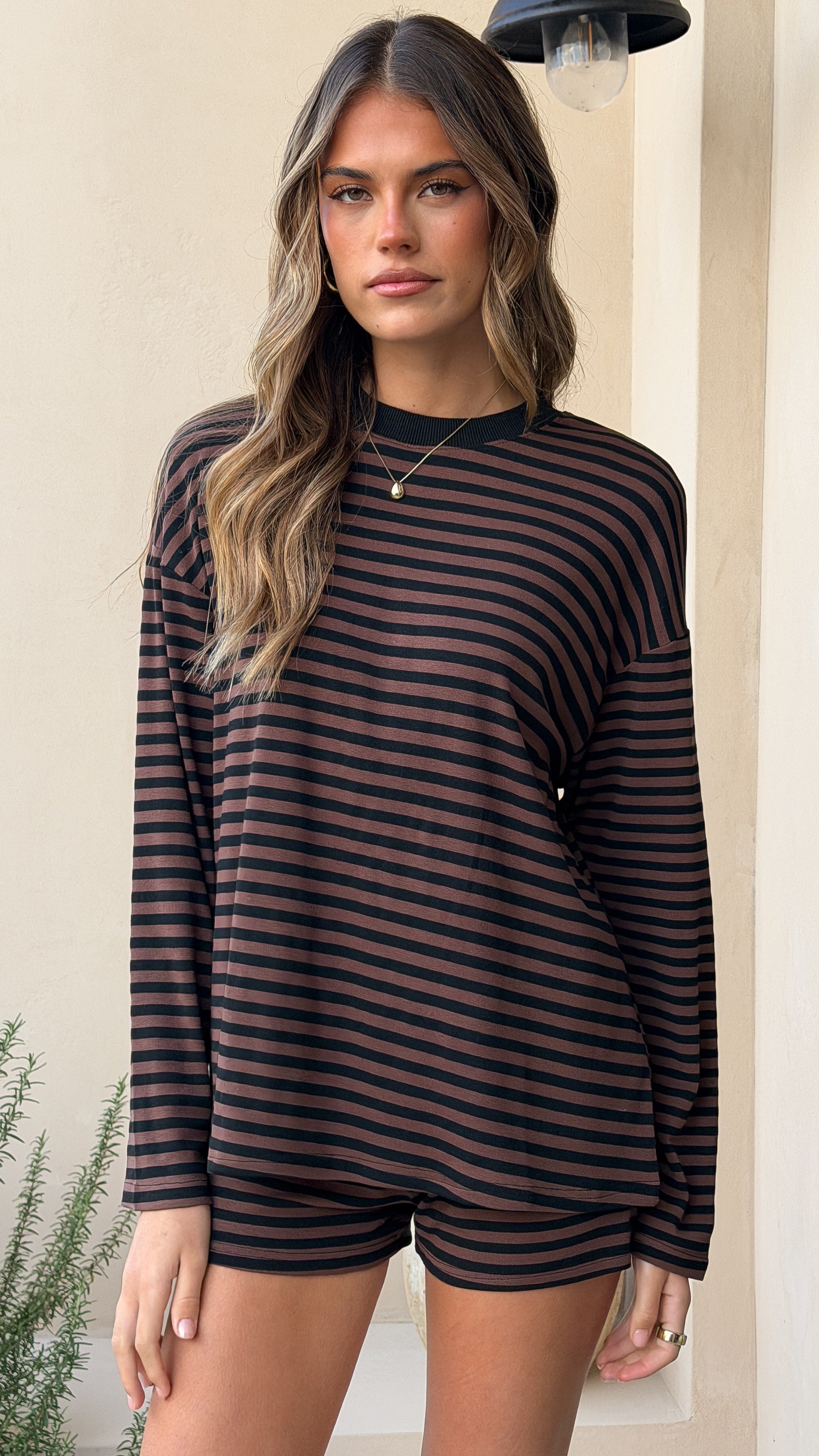 Flossie Long Sleeve Top and Shorts Set - Choc/Black Stripe - Billy J