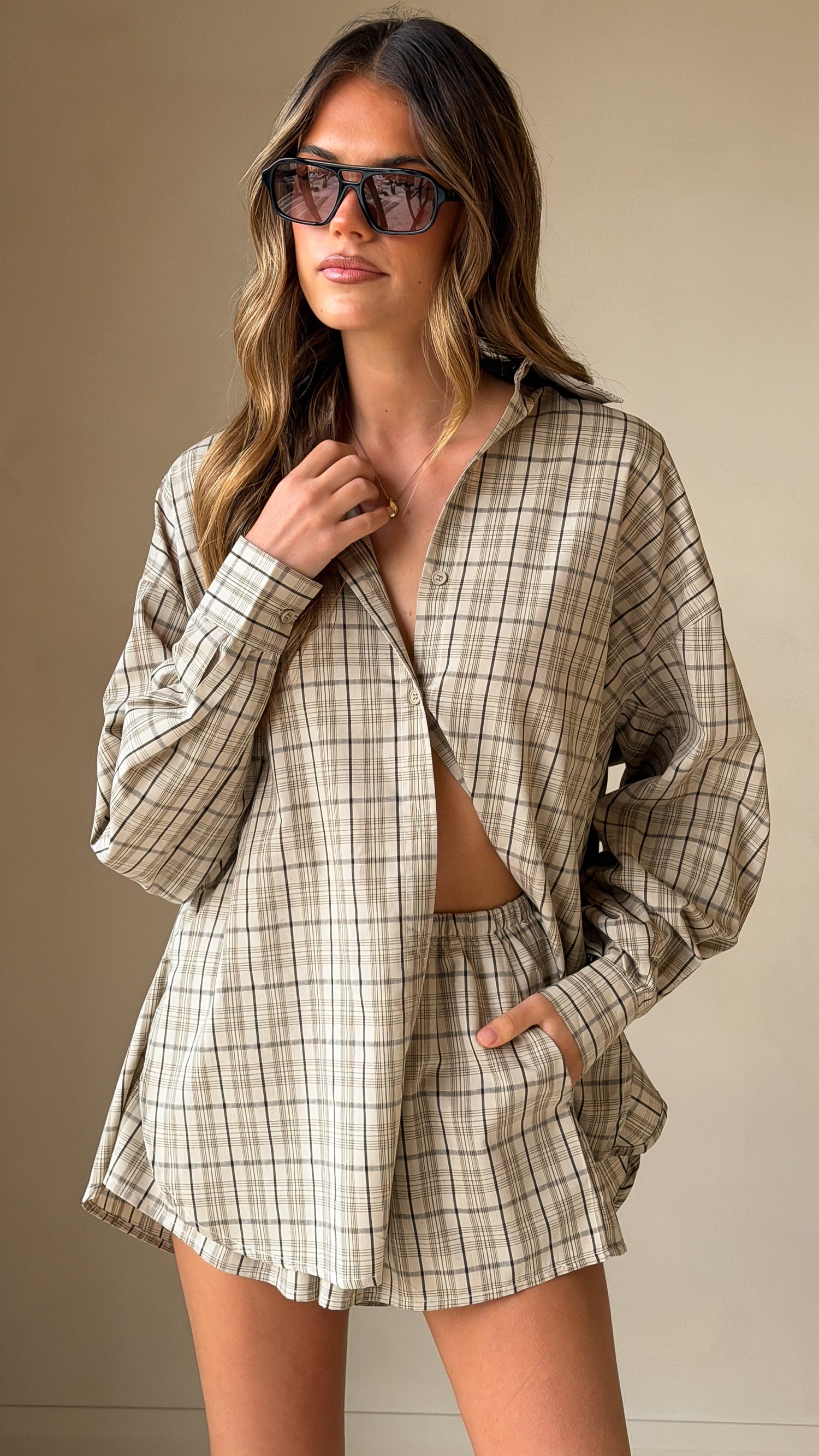 Arli Button Up Shirt - Beige/Brown Plaid - Billy J